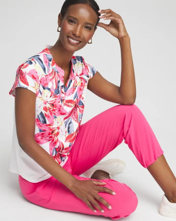 Chico039s Activewear Zenergy UPF Floral Cap Sleeve Polo Pink Bromeliad 8211 Clothing Chico039s Activewear Zenergy UPF Floral Cap Sleeve Polo Pink Bromeliad 8211 Clothing
