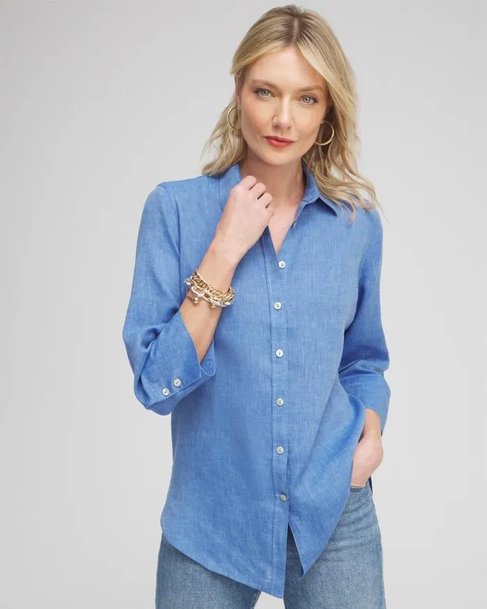 Chico039s Blouses and Shirts No Iron Linen 34 Sleeve Shirt Indigo 8211 Clothing