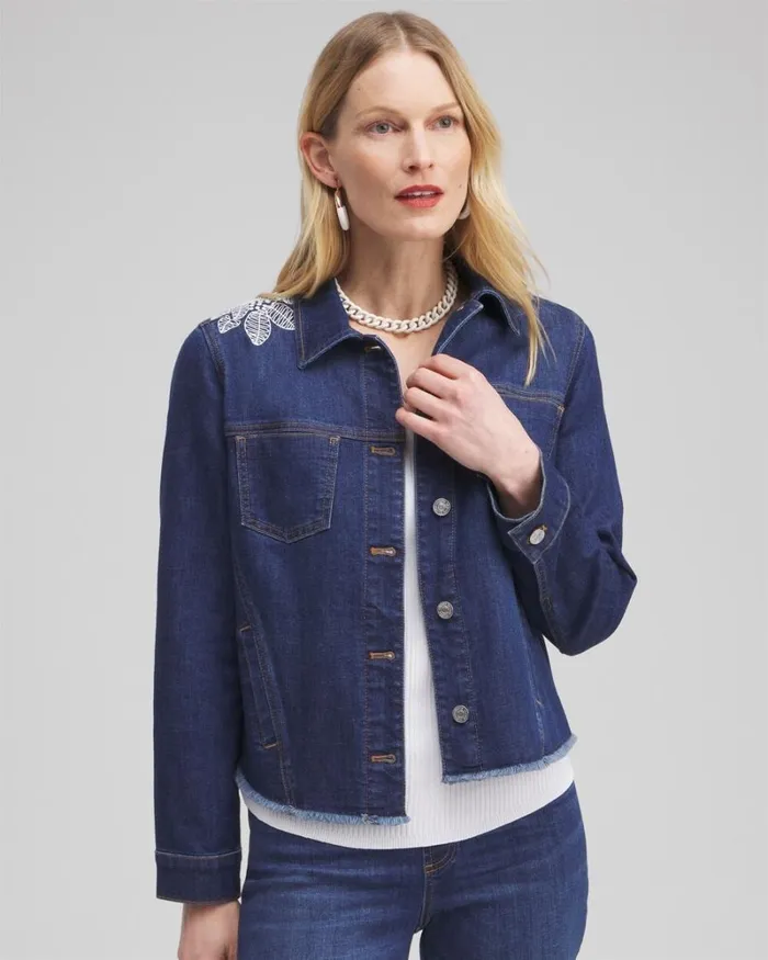 Chico039s Jackets and Coats Fray Hem Embroidered Denim Jacket Morwenna Indigo 8211 Clothing