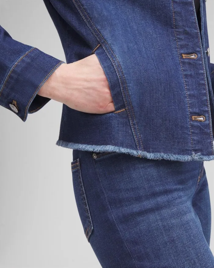 Chico039s Jackets and Coats Fray Hem Embroidered Denim Jacket Morwenna Indigo 8211 Clothing Chico039s Jackets and Coats Fray Hem Embroidered Denim Jacket Morwenna Indigo 8211 Clothing