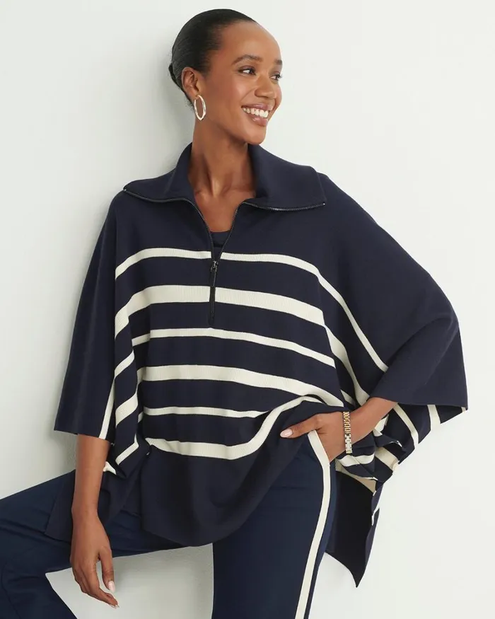 Chico039s Ponchos and Ruanas Stripe Zip Collar Sweater Poncho Classic Navy 8211 Shoes and Accessories Chico039s Ponchos and Ruanas Stripe Zip Collar Sweater Poncho Classic Navy 8211 Shoes and Accessories
