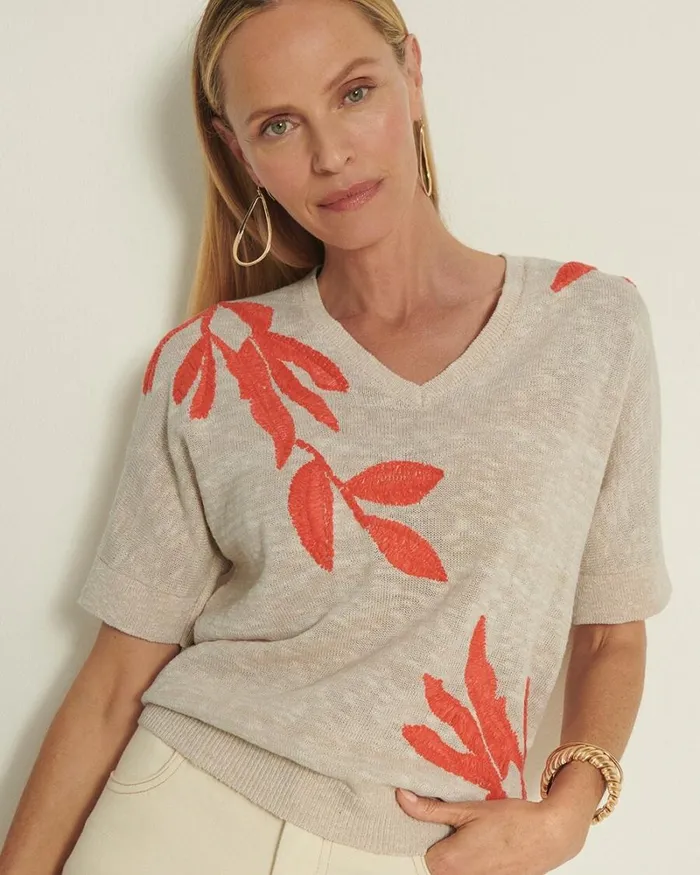 Chico039s Sweaters Linen Blend Embroidered Pullover Sweater Neutral 8211 Clothing
