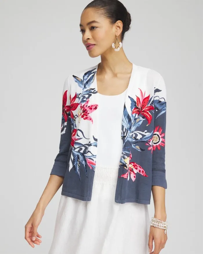 Chico039s Sweaters Summer Romance Floral Short Cardigan Soft Slate 8211 Clothing