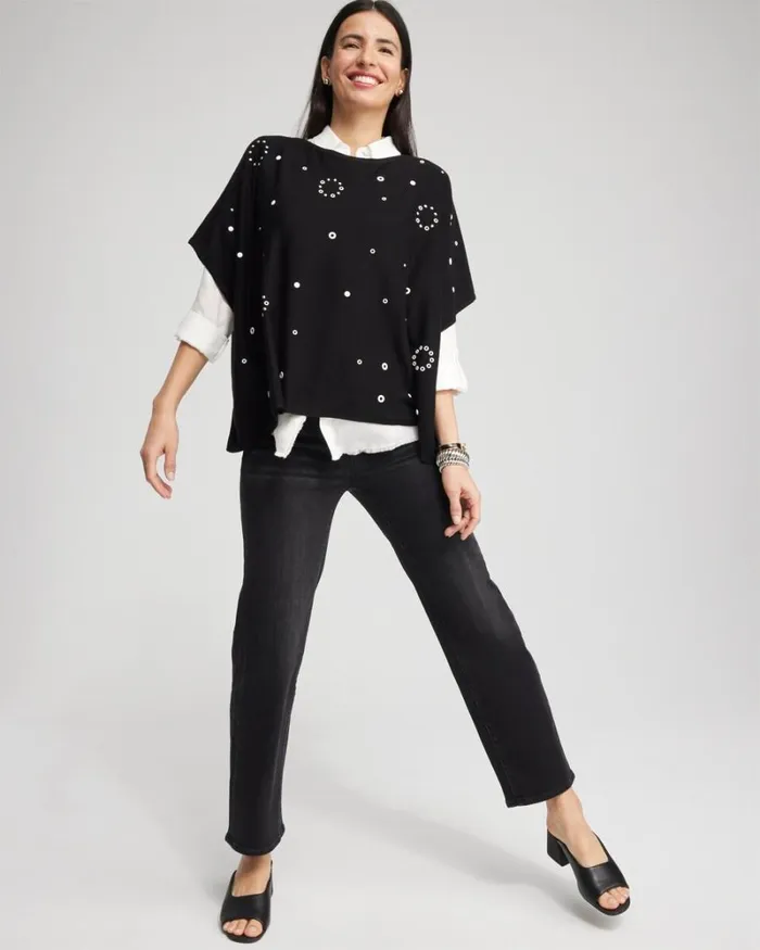 Chico039s Tops Embellished Poncho Black 8211 Clothing