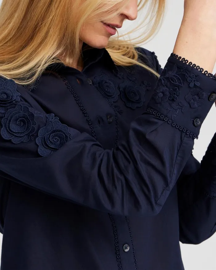 Chico039s Tops Floral Applique Blouse Classic Navy 8211 Clothing