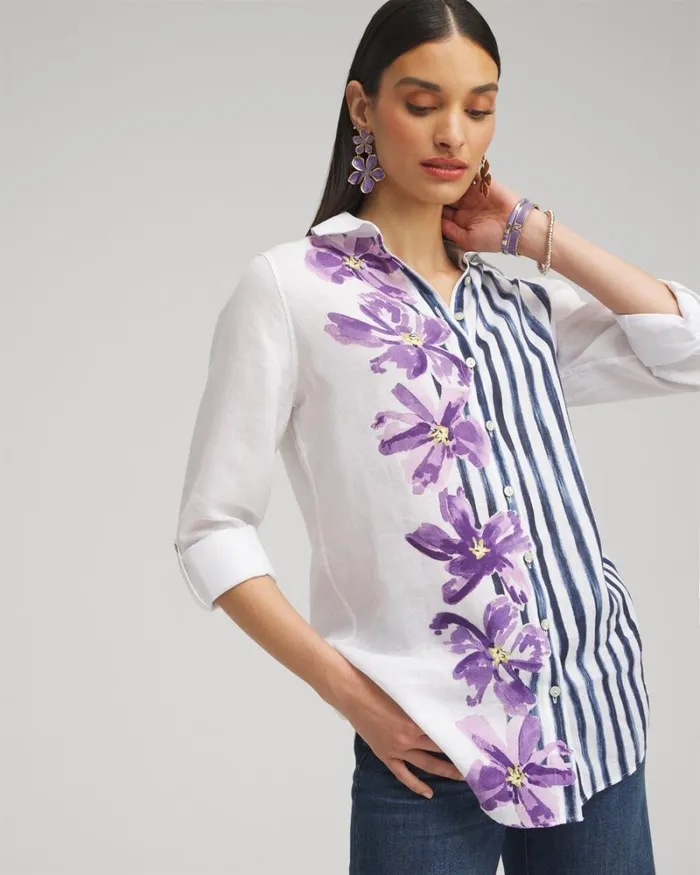 Chico039s Tops No Iron Linen Mixed Print Tunic Parisian Purple 8211 Clothing