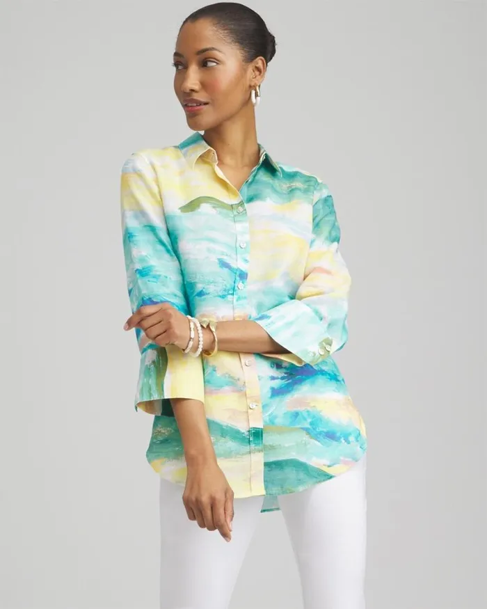 Chico039s Tops No Iron Linen Watercolor 34 Sleeve Shirt Cool Water 8211 Clothing