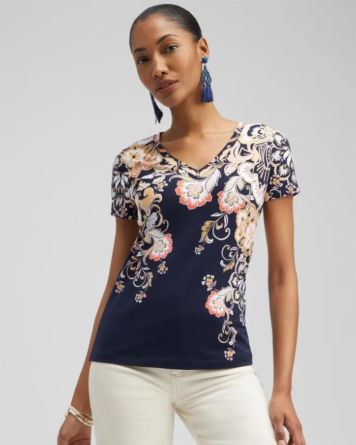 Chico039s Tops Scrolls Vneck Perfect Tee Classic Navy 8211 Clothing