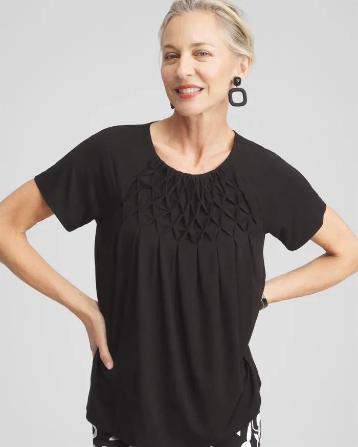 Chico039s Tops Touch Of Cool Smocked Top Black 8211 Clothing