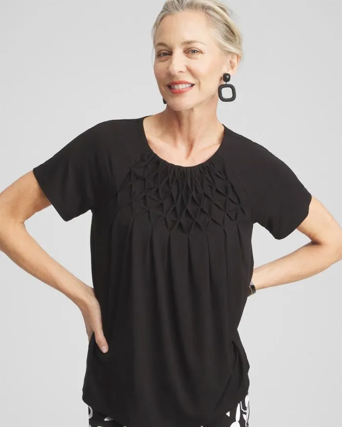 Chico039s Tops Touch Of Cool Smocked Top Black 8211 Clothing