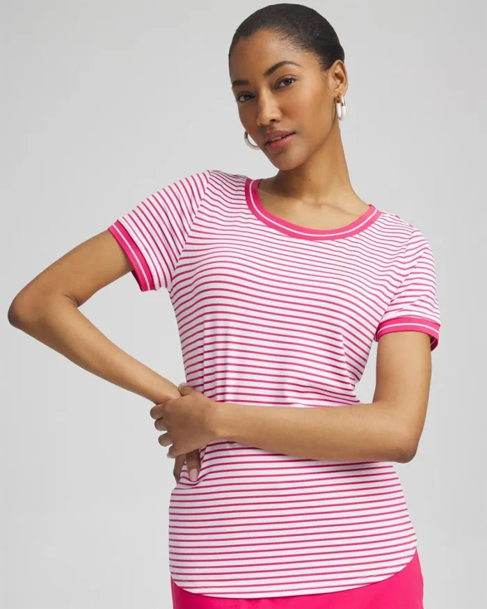 Chico039s Tops Zenergy UPF Knit Stripe Tee Pink Bromeliad 8211 Clothing