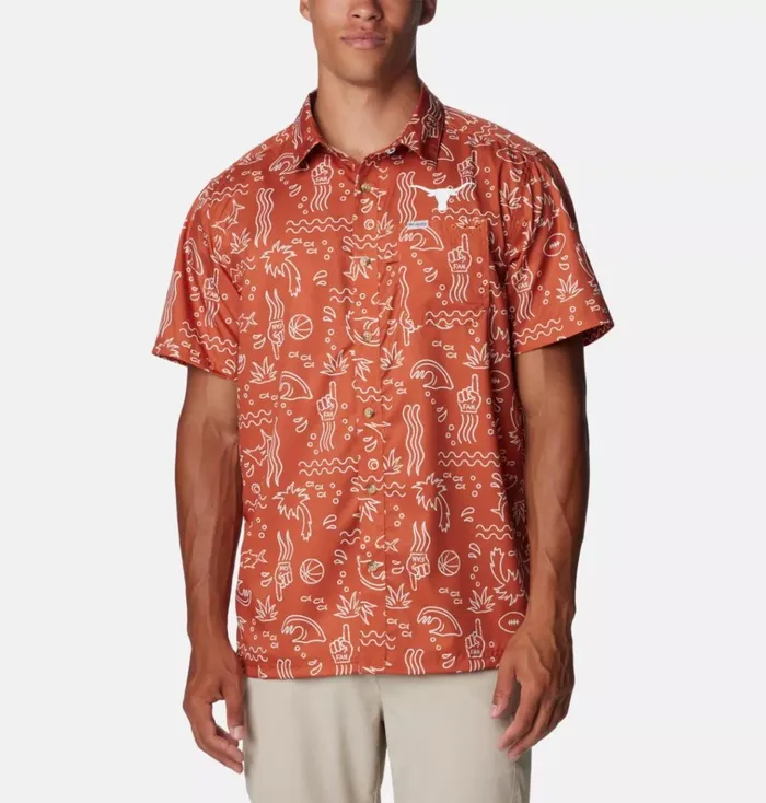 Collegiate PFG Super Slack Tide Shirt 8211 Texas Tex 8211 Cedar Fish Fan Print Mens Columbia Sportswear Short Sleeve Collegiate PFG Super Slack Tide Shirt 8211 Texas Tex 8211 Cedar Fish Fan Print Mens Columbia Sportswear Short Sleeve