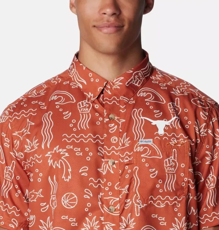 Collegiate PFG Super Slack Tide Shirt 8211 Texas Tex 8211 Cedar Fish Fan Print Mens Columbia Sportswear Short Sleeve Collegiate PFG Super Slack Tide Shirt 8211 Texas Tex 8211 Cedar Fish Fan Print Mens Columbia Sportswear Short Sleeve