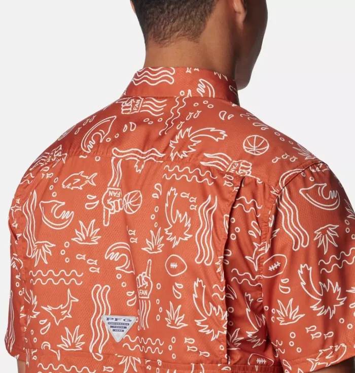 Collegiate PFG Super Slack Tide Shirt 8211 Texas Tex 8211 Cedar Fish Fan Print Mens Columbia Sportswear Short Sleeve Collegiate PFG Super Slack Tide Shirt 8211 Texas Tex 8211 Cedar Fish Fan Print Mens Columbia Sportswear Short Sleeve