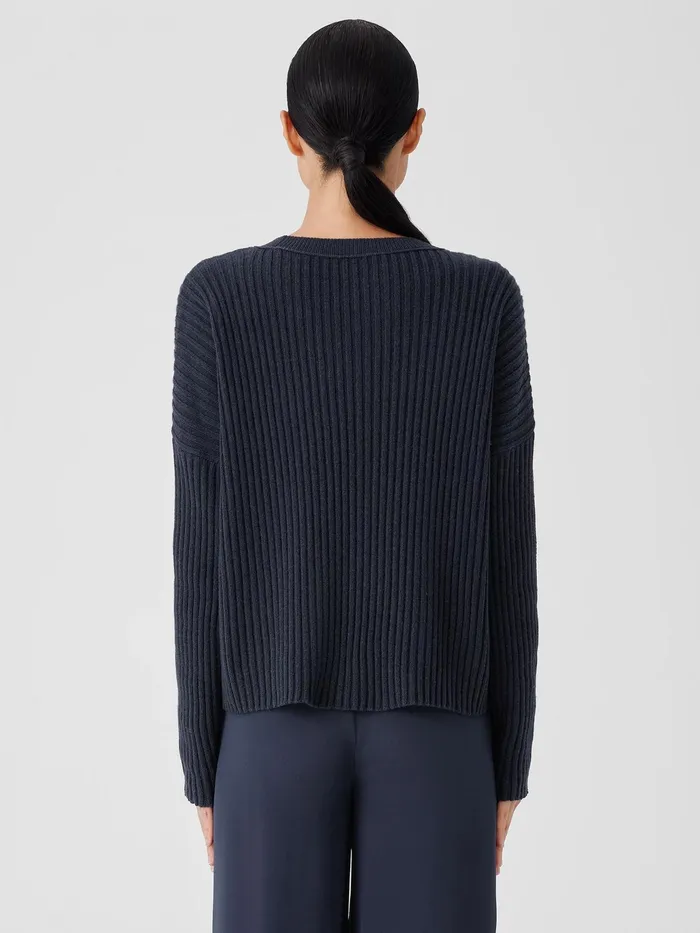 Cotton And Recycled Cashmere Crew Neck BoxTop Ocean Women Eileen Fisher Sweaters and Cardigans