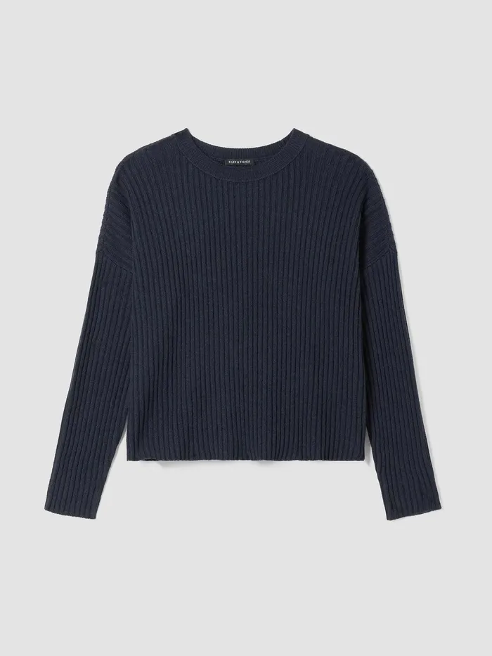 Cotton And Recycled Cashmere Crew Neck BoxTop Ocean Women Eileen Fisher Sweaters and Cardigans