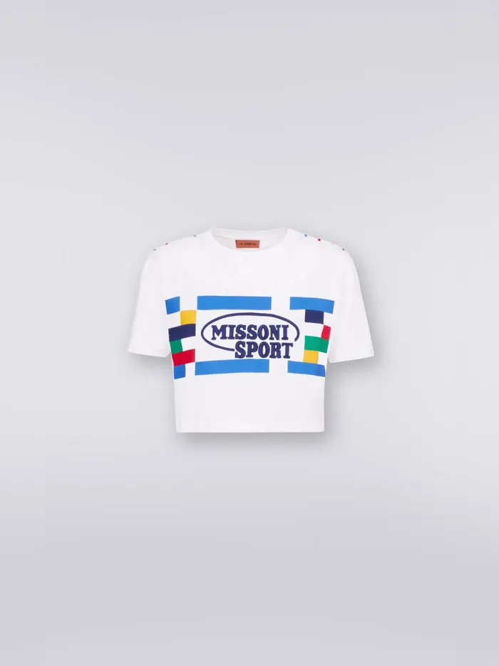 Cotton Crop Top With Legacy Logo Print And Embroidery White and Multicoloured Heritage Women Missoni Sport Cotton Crop Top With Legacy Logo Print And Embroidery White and Multicoloured Heritage Women Missoni Sport