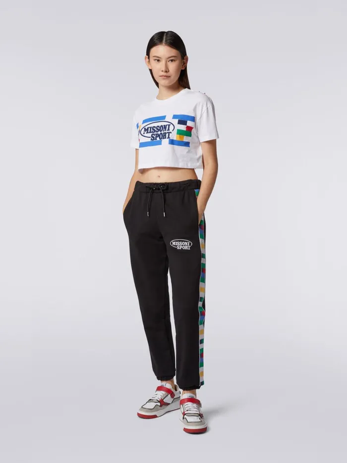 Cotton Crop Top With Legacy Logo Print And Embroidery White and Multicoloured Heritage Women Missoni Sport