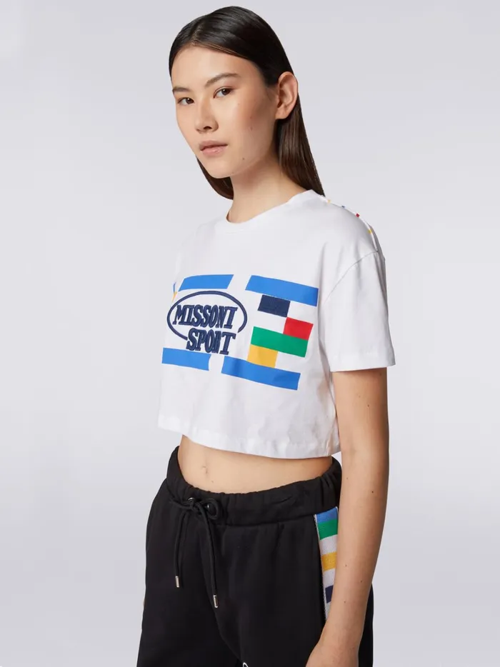 Cotton Crop Top With Legacy Logo Print And Embroidery White and Multicoloured Heritage Women Missoni Sport