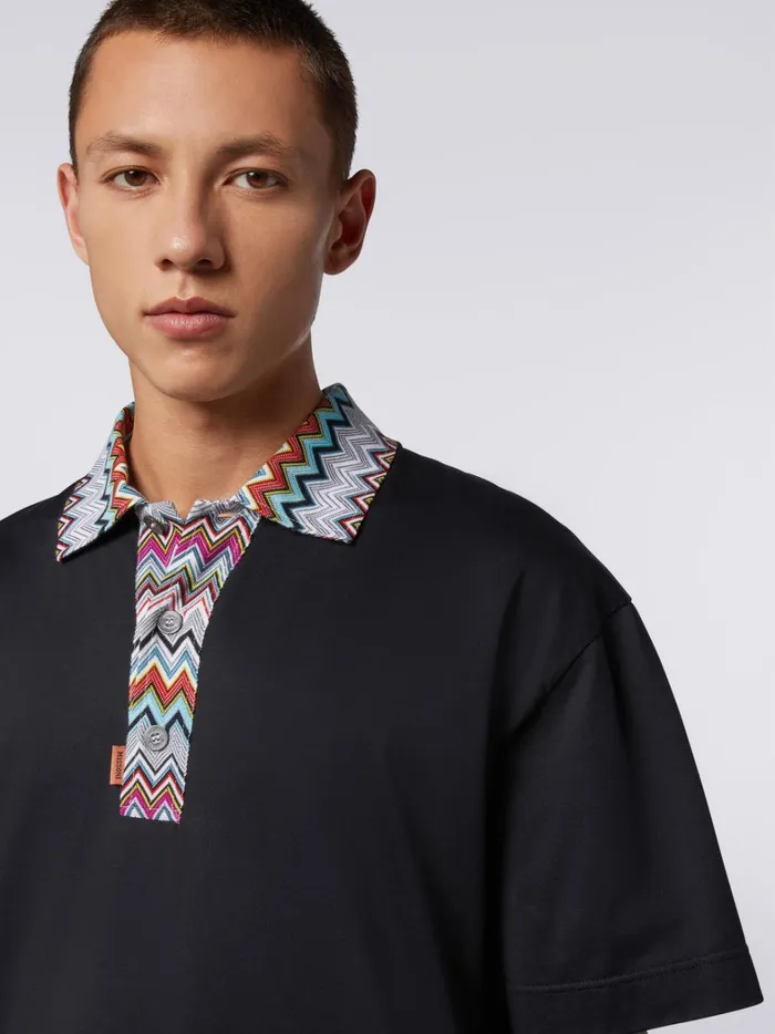 Cotton Polo Shirt With Dgrad Chevron Pattern Black Men Missoni Polos and Tshirts