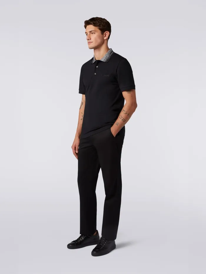 Cotton Polo Shirt With Slub Collar And Logo Lettering Black Men Missoni Polos and Tshirts