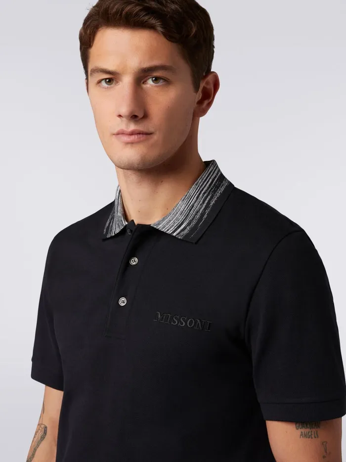 Cotton Polo Shirt With Slub Collar And Logo Lettering Black Men Missoni Polos and Tshirts