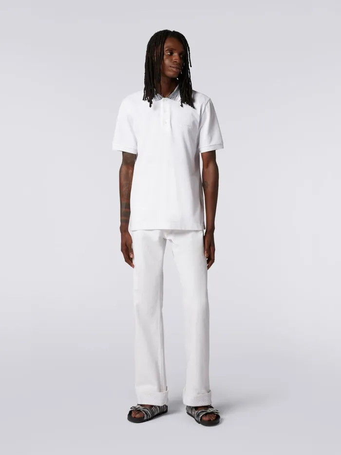 Cotton Polo Shirt With Slub Collar And Logo Lettering White Men Missoni Polos and Tshirts