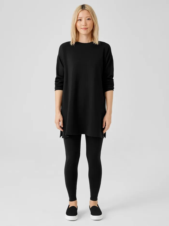 Cozy Brushed Terry Hug Crew Neck Long Top Black Women Eileen Fisher Tops and Tees