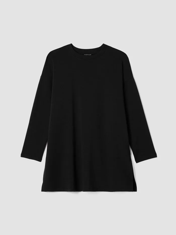 Cozy Brushed Terry Hug Crew Neck Long Top Black Women Eileen Fisher Tops and Tees
