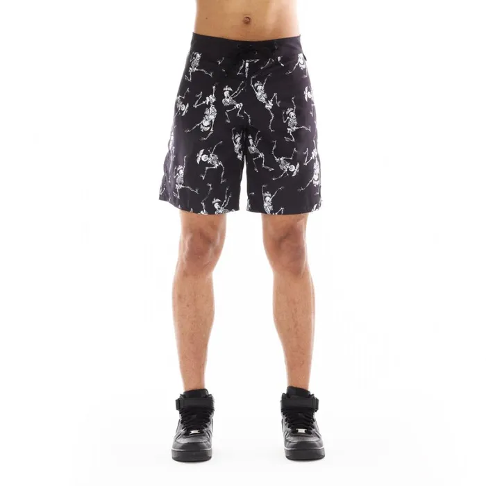 Cult Of Individuality LUCKY BASTARD ELASTIC WAIST SWIMSUIT IN SKELETON Black Apparel SHORTS