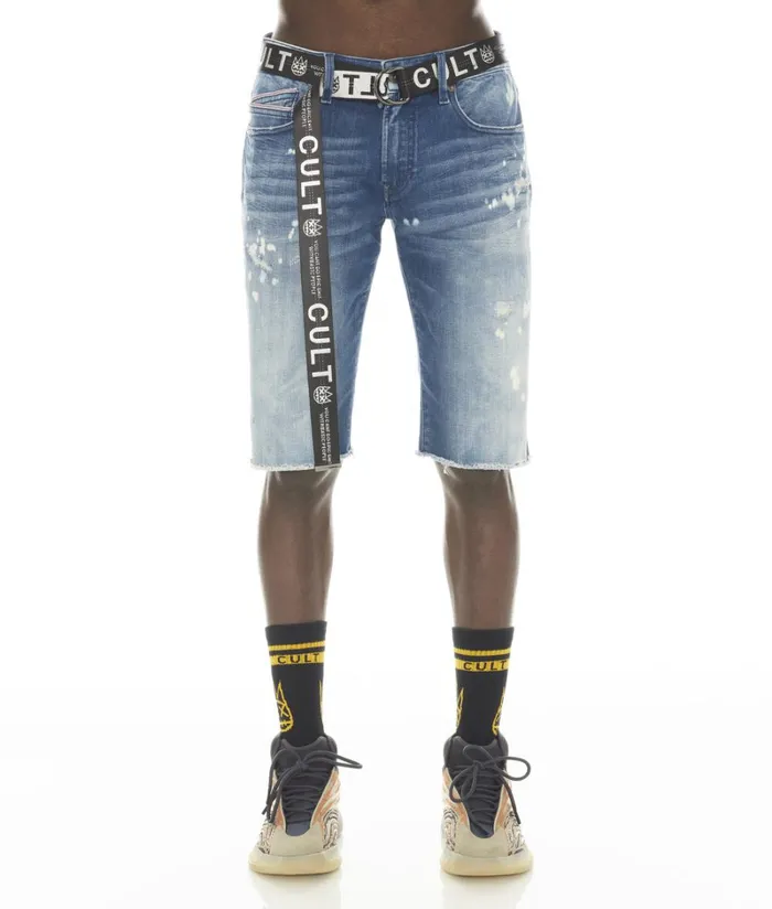 Cult Of Individuality ROCKER SHORT STRETCH W BELT IN DUNE Blue Denim DENIM SHORTS