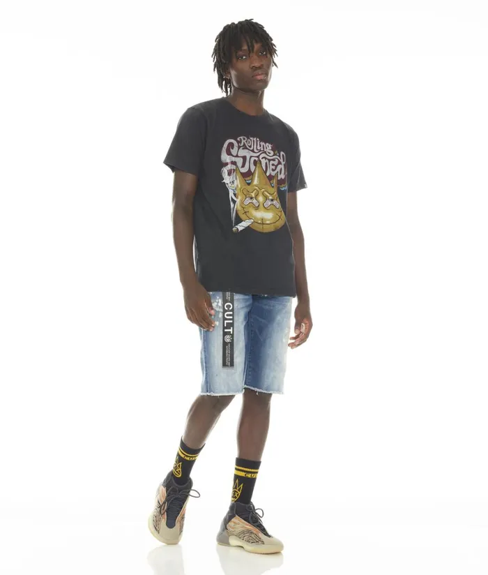 Cult Of Individuality ROCKER SHORT STRETCH W BELT IN DUNE Blue Denim DENIM SHORTS