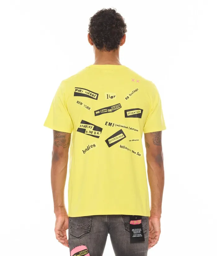 Cult Of Individuality SHORT SLEEVE CREW NECK TEE 034NEVER MIND THE BOLLOCKS034 IN YELLOW Yellow Apparel TSHIRTS