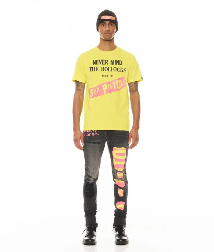 Cult Of Individuality SHORT SLEEVE CREW NECK TEE 034NEVER MIND THE BOLLOCKS034 IN YELLOW Yellow Apparel TSHIRTS
