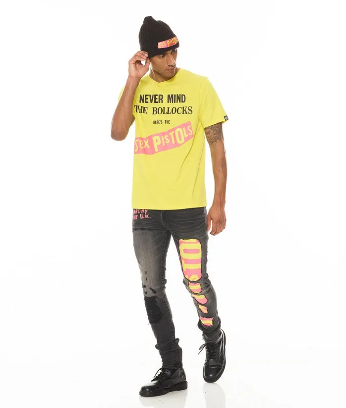 Cult Of Individuality SHORT SLEEVE CREW NECK TEE 034NEVER MIND THE BOLLOCKS034 IN YELLOW Yellow Apparel TSHIRTS