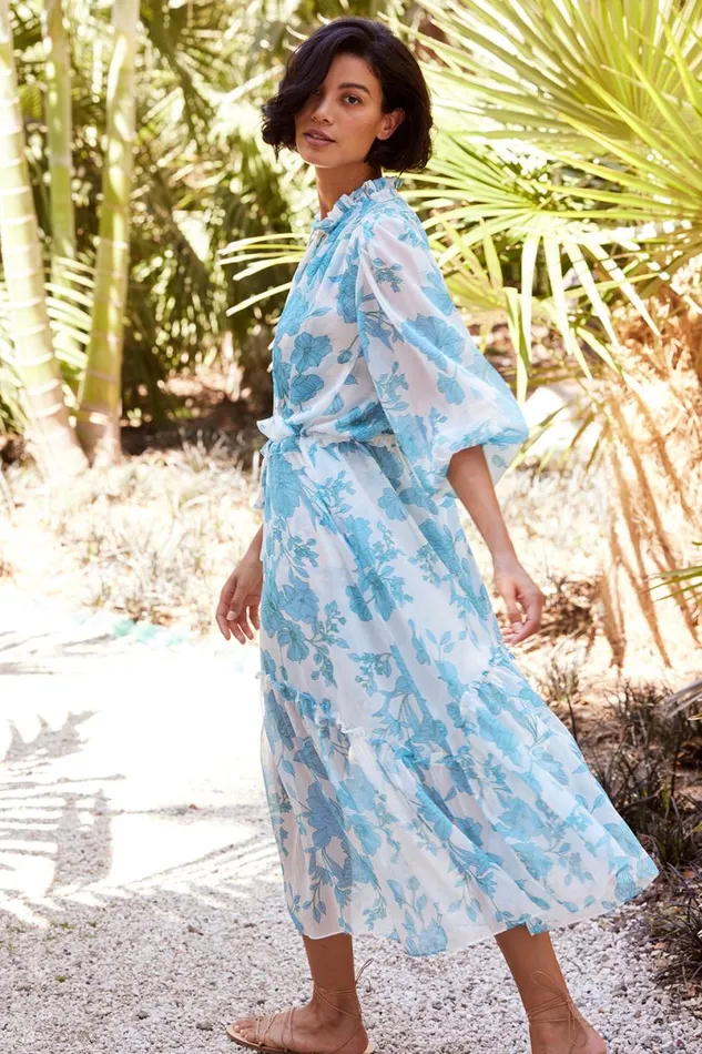 Dresses Women MISA Los Angeles OLIVIA DRESS Turquoise Flora Chiffon
