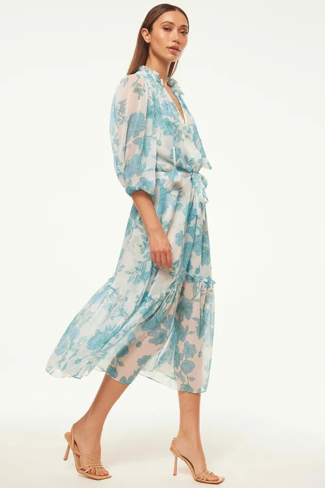 Dresses Women MISA Los Angeles OLIVIA DRESS Turquoise Flora Chiffon