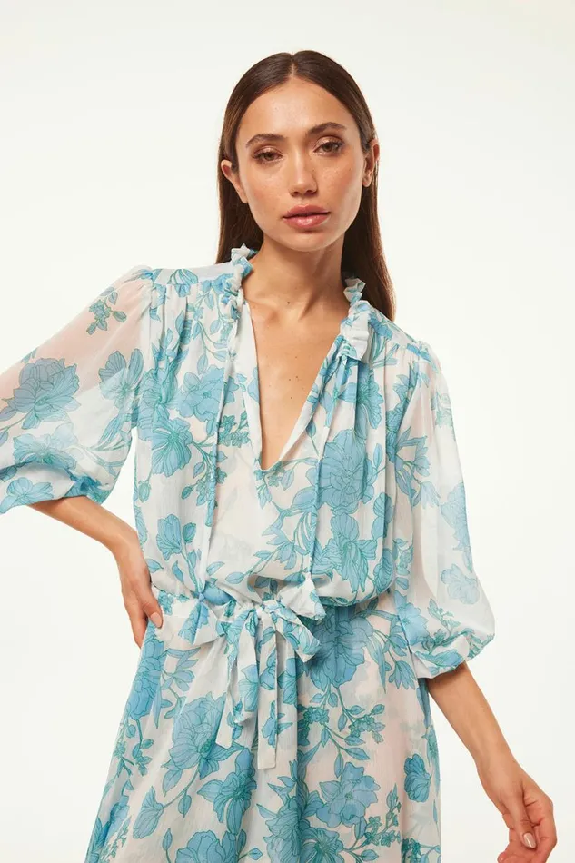 Dresses Women MISA Los Angeles OLIVIA DRESS Turquoise Flora Chiffon