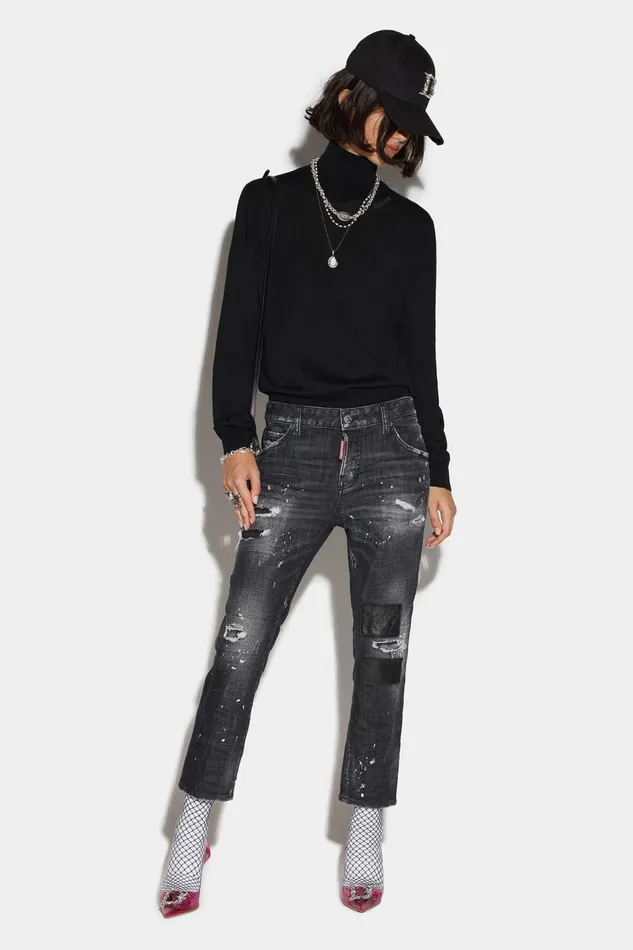 Dsquared2 Black Ripped Leather Patch Wash Cool Girl Cropped Jeans BLACK Women Jeans