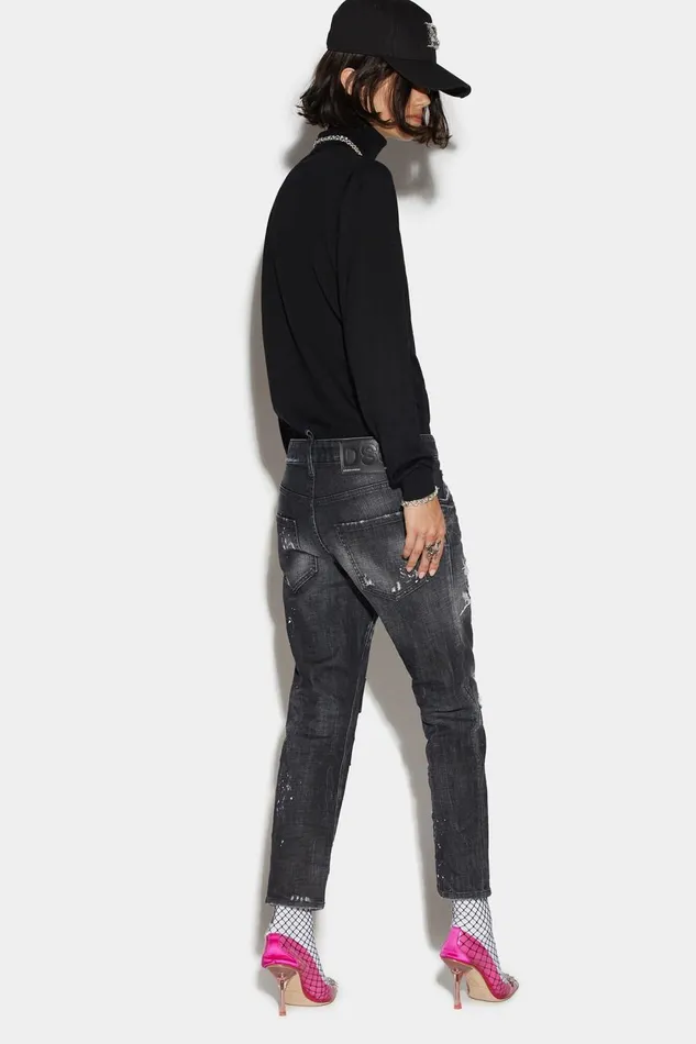Dsquared2 Black Ripped Leather Patch Wash Cool Girl Cropped Jeans BLACK Women Jeans Dsquared2 Black Ripped Leather Patch Wash Cool Girl Cropped Jeans BLACK Women Jeans