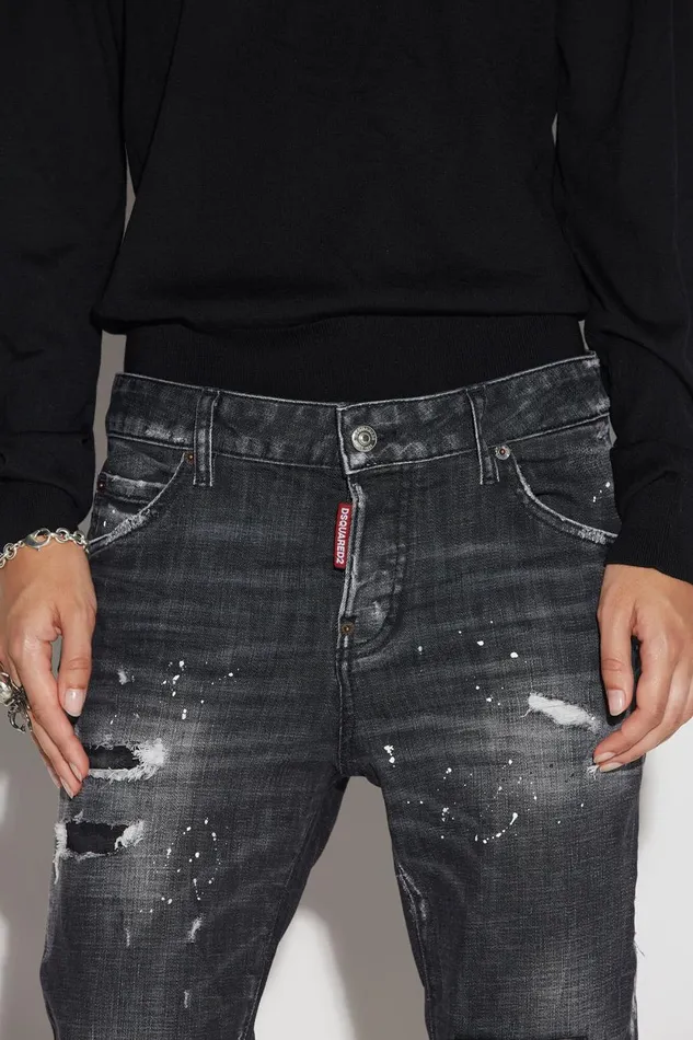 Dsquared2 Black Ripped Leather Patch Wash Cool Girl Cropped Jeans BLACK Women Jeans Dsquared2 Black Ripped Leather Patch Wash Cool Girl Cropped Jeans BLACK Women Jeans