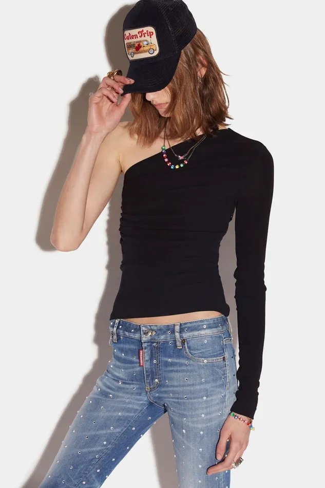 Dsquared2 Camping Crew One Shoulder Top BLACK Women Tops and Tshirts