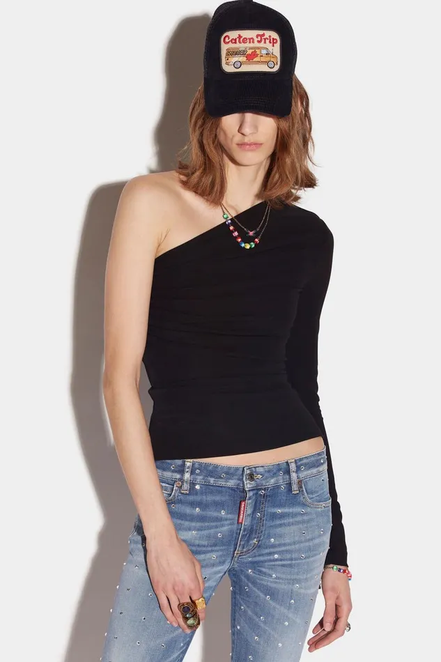 Dsquared2 Camping Crew One Shoulder Top BLACK Women Tops and Tshirts Dsquared2 Camping Crew One Shoulder Top BLACK Women Tops and Tshirts