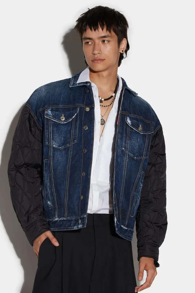 Dsquared2 D2 Quilted Mix Dropped Shoulder Jean Jacket BLUE Men Coats and Outerwear Dsquared2 D2 Quilted Mix Dropped Shoulder Jean Jacket BLUE Men Coats and Outerwear