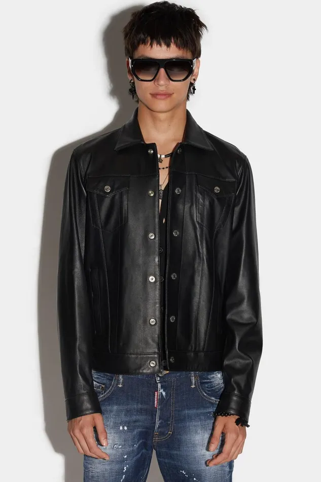 Dsquared2 Leather Dan Jean Jacket BLACK Men Coats and Outerwear