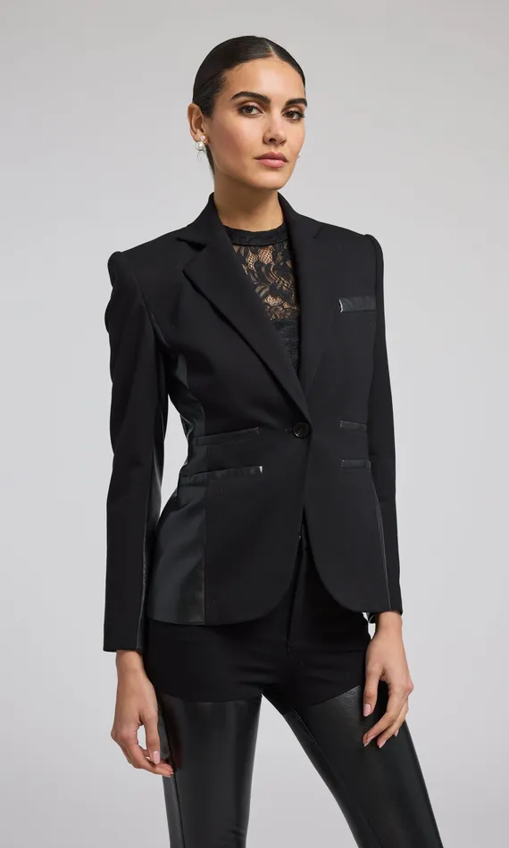 Gayle Vegan Leather Combo Blazer Black Women Blazers and Jackets Generation Love Clothing Gayle Vegan Leather Combo Blazer Black Women Blazers and Jackets Generation Love Clothing