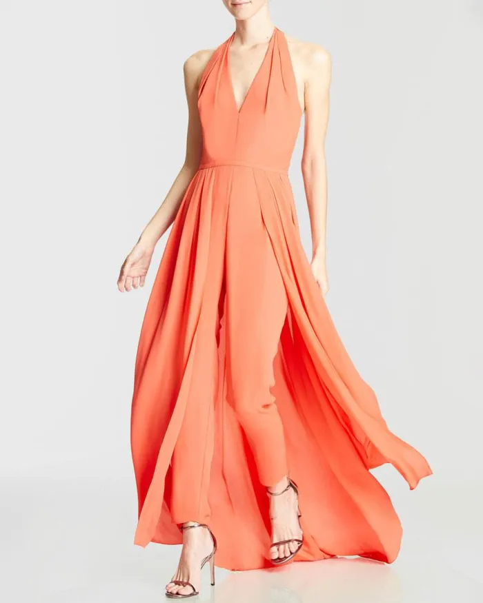 Halter Jumpsuit With Overlay Coral Women Halston Jumpsuits