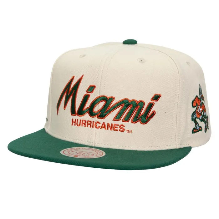 Hats and Headwear Men Mitchell and Ness Just Don Cream Snapback University Of Miami