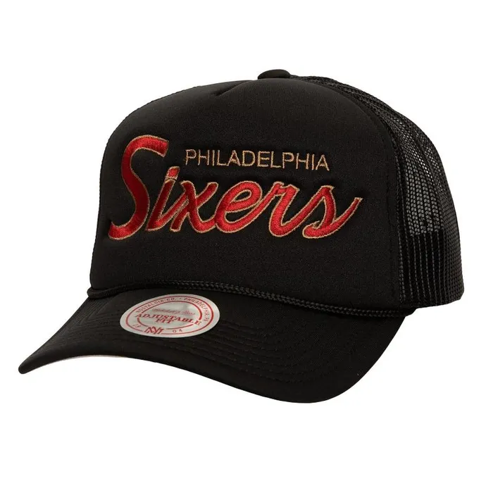 Hats and Headwear Men Mitchell and Ness Script Trucker HWC Philadelphia 76ers