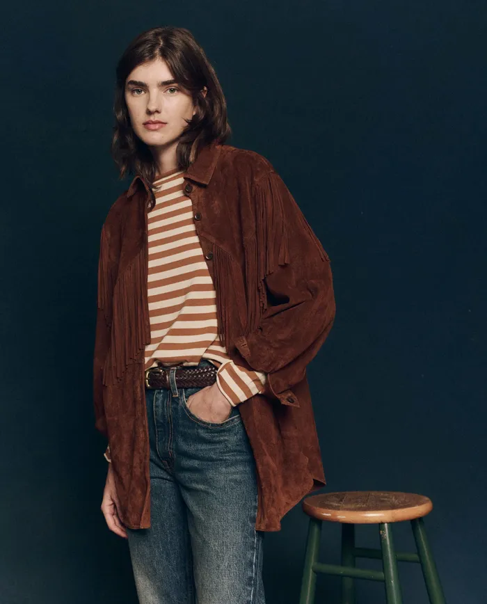 Jackets and Outerwear The Great Women The Suede Fringe Shirt Jacket Cognac